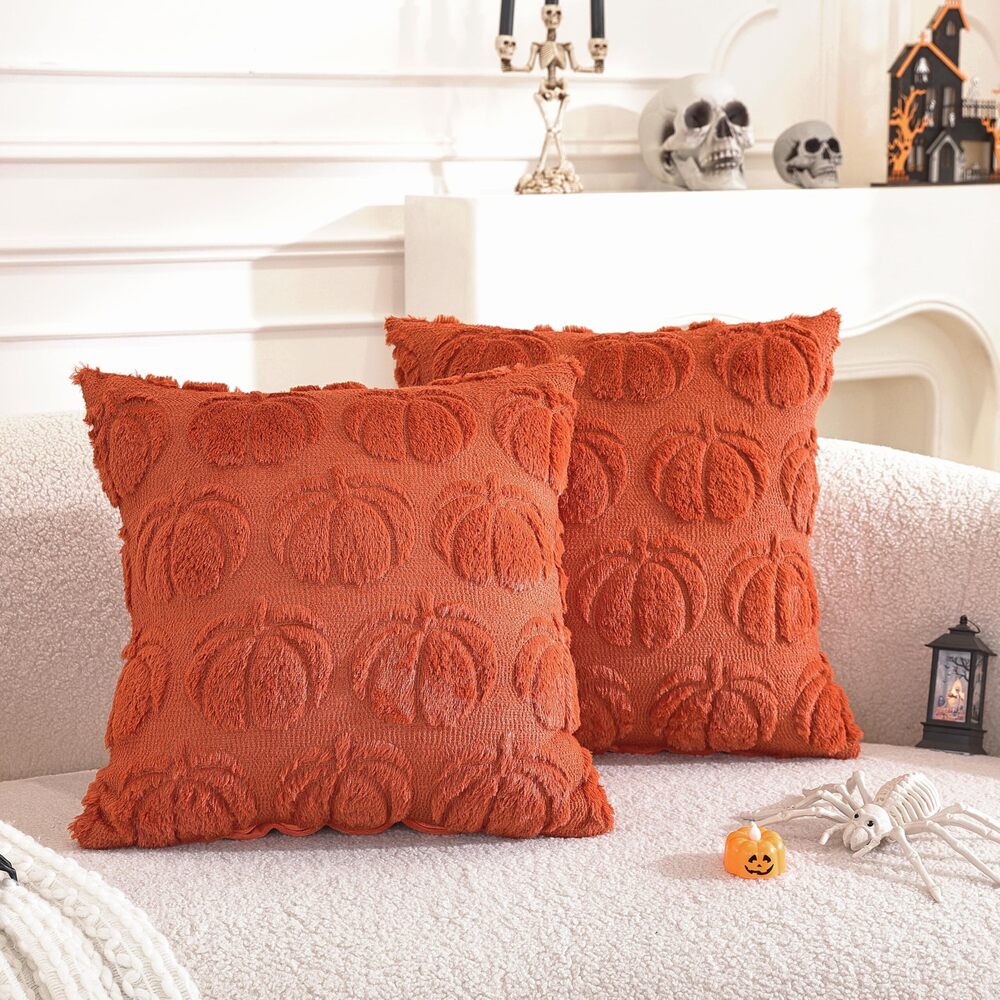 9750 Pack of 2,Pumpkin Fall Decorative Caramel Soft Plush Faux Fur Jacquard